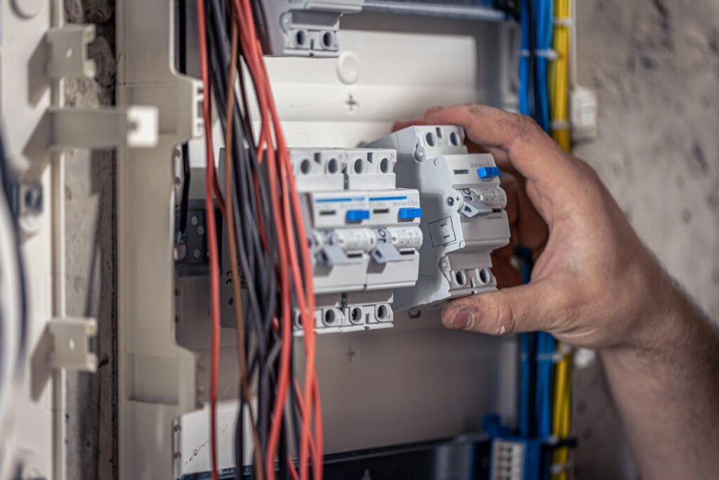 Male Electrician Works Switchboard With Electrical Connecting Cable 1024x683
